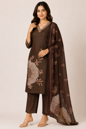 Women's Brown Floral Printed Straight Kurta Pant Set with Dupatta | 3-Piece Ethnic Wear | Regular Fit 5036-449-MHND-PR