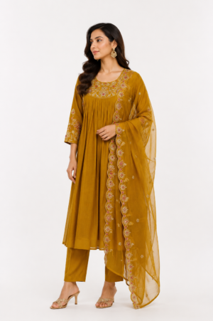 Women's Mustard Yellow Embroidered Kurta Pant Set with Organza Dupatta | Round Neck | 3-Piece Ethnic Suit | Festive, Party & Wedding Wear SL04-445-MSTD-PR