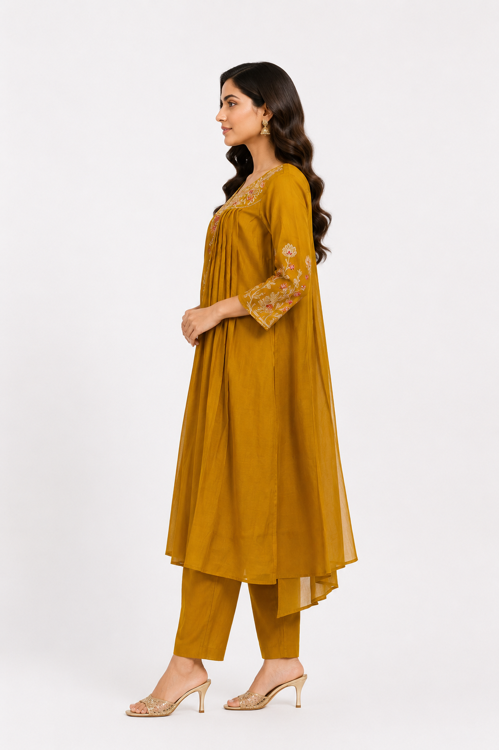 Women's Mustard Yellow Embroidered Kurta Pant Set with Organza Dupatta | Round Neck | 3-Piece Ethnic Suit | Festive, Party & Wedding Wear SL04-445-MSTD-PR - Image 2