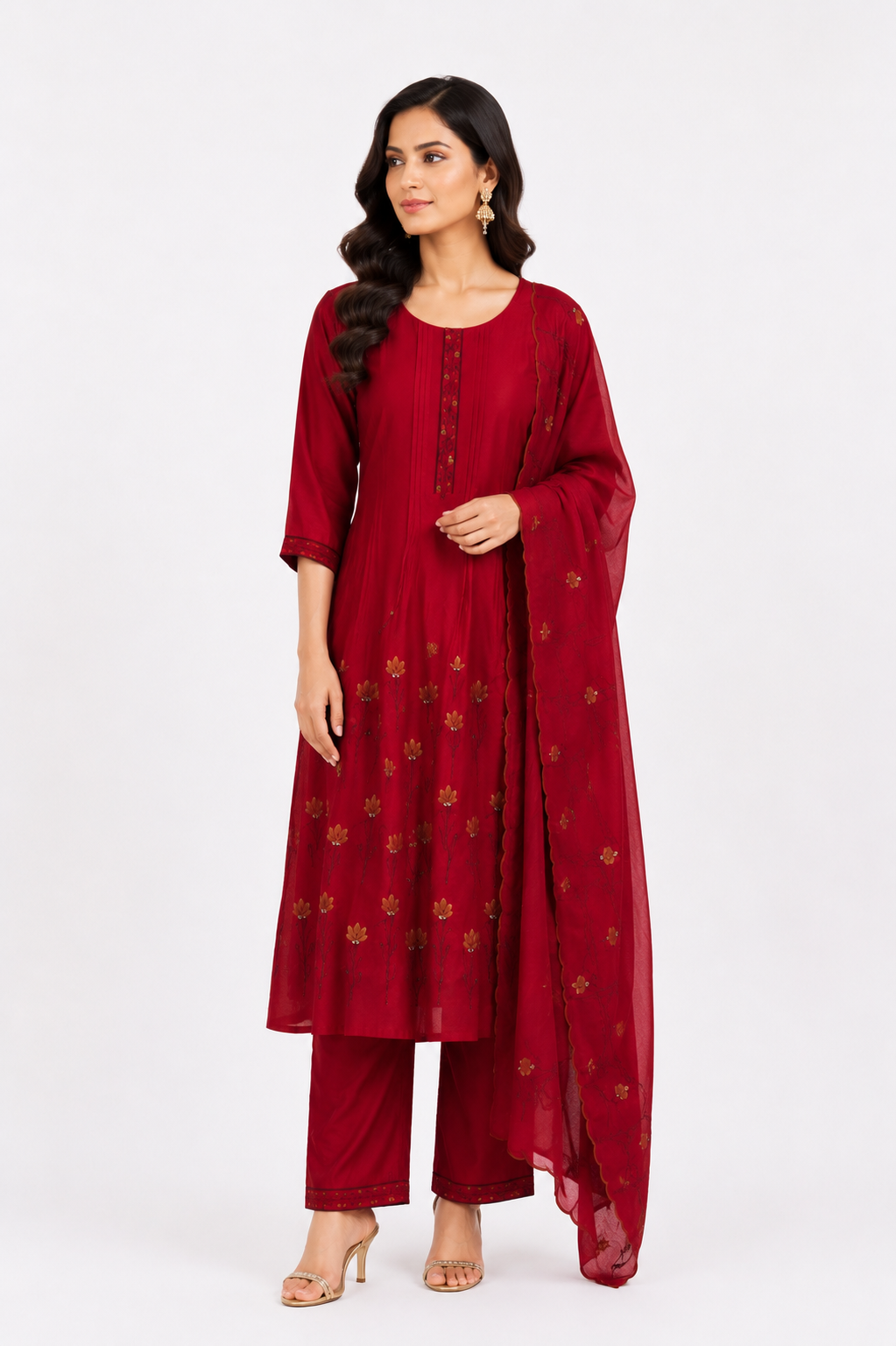 Women's Crimson Red Embroidered Kurta Pant Set with Dupatta | Round Neck | 3-Piece Ethnic Suit | Festive, Party & Wedding Wear SL05-445-CHRY-PR