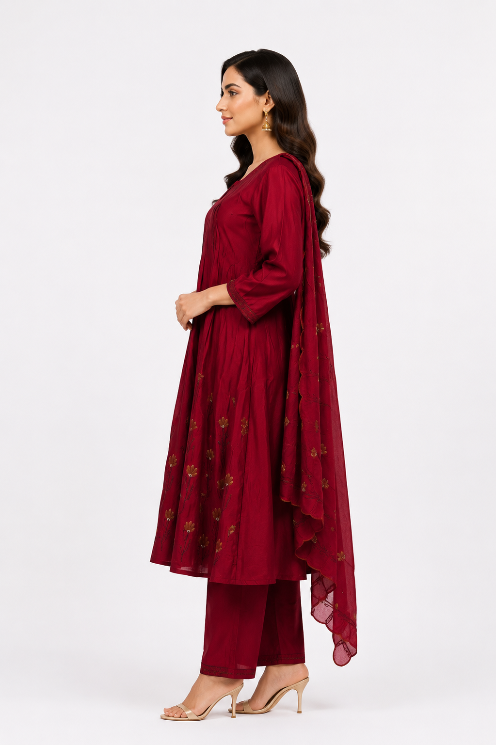 Women's Crimson Red Embroidered Kurta Pant Set with Dupatta | Round Neck | 3-Piece Ethnic Suit | Festive, Party & Wedding Wear SL05-445-CHRY-PR - Image 2