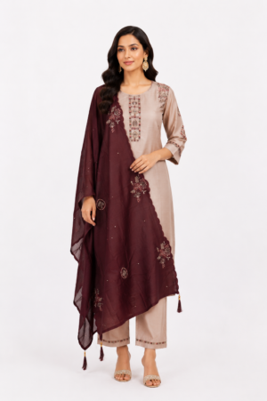 Women's Wine & Beige Embroidered Kurta Pant Set with Dupatta | Round Neck | 3-Piece Ethnic Suit | Festive, Party & Wedding Wear SL06-445-BEG-PR