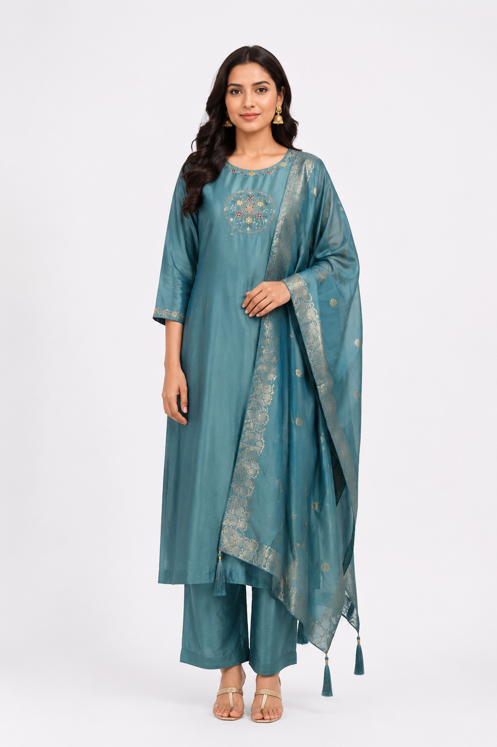Women's Teal Blue Embroidered Kurta Pant Set with Jacquard Dupatta | Round Neck | 3-Piece Ethnic Suit | Festive, Party & Wedding Wear SL08-445-SGN-PR