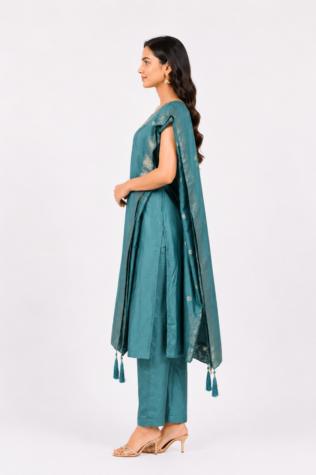 Women's Teal Blue Embroidered Kurta Pant Set with Jacquard Dupatta | Round Neck | 3-Piece Ethnic Suit | Festive, Party & Wedding Wear SL08-445-SGN-PR - Image 2