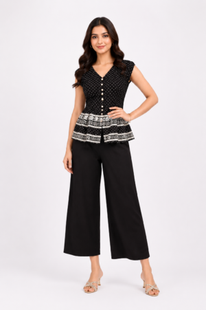 Women's Black Textured Peplum Top & Wide-Leg Palazzo Pants Co-Ord Set | Regular Fit | Casual, Office & Party Wear LD02A-427-BLK WHT-EM