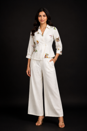 Women's White Floral Printed Co-Ord Set | Peplum Top & Wide-Leg Palazzo Pants | Regular Fit | Casual, Office & Party Wear LD03-427-OW MLT-FL