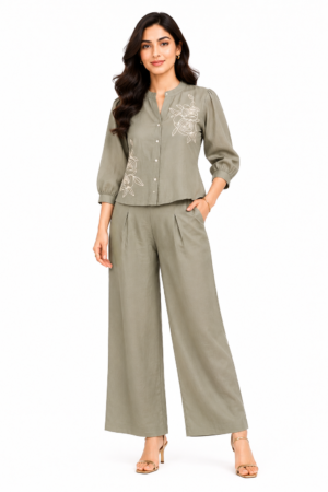 Women's Sage Green Embroidered Co-Ord Set | Regular Fit Top & Wide-Leg Pants | Casual, Office & Party Wear LD46-427-GRN-PL