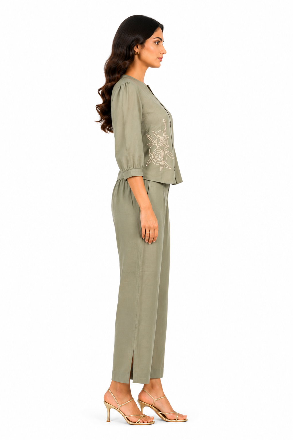 Women's Sage Green Embroidered Co-Ord Set | Regular Fit Top & Wide-Leg Pants | Casual, Office & Party Wear LD46-427-GRN-PL - Image 2
