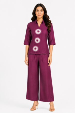 Women's Plum Purple Embroidered Co-Ord Set | V-Neck Top & Wide-Leg Pants | Regular Fit | Casual, Office & Lounge Wear NG24-441-PNK-PR