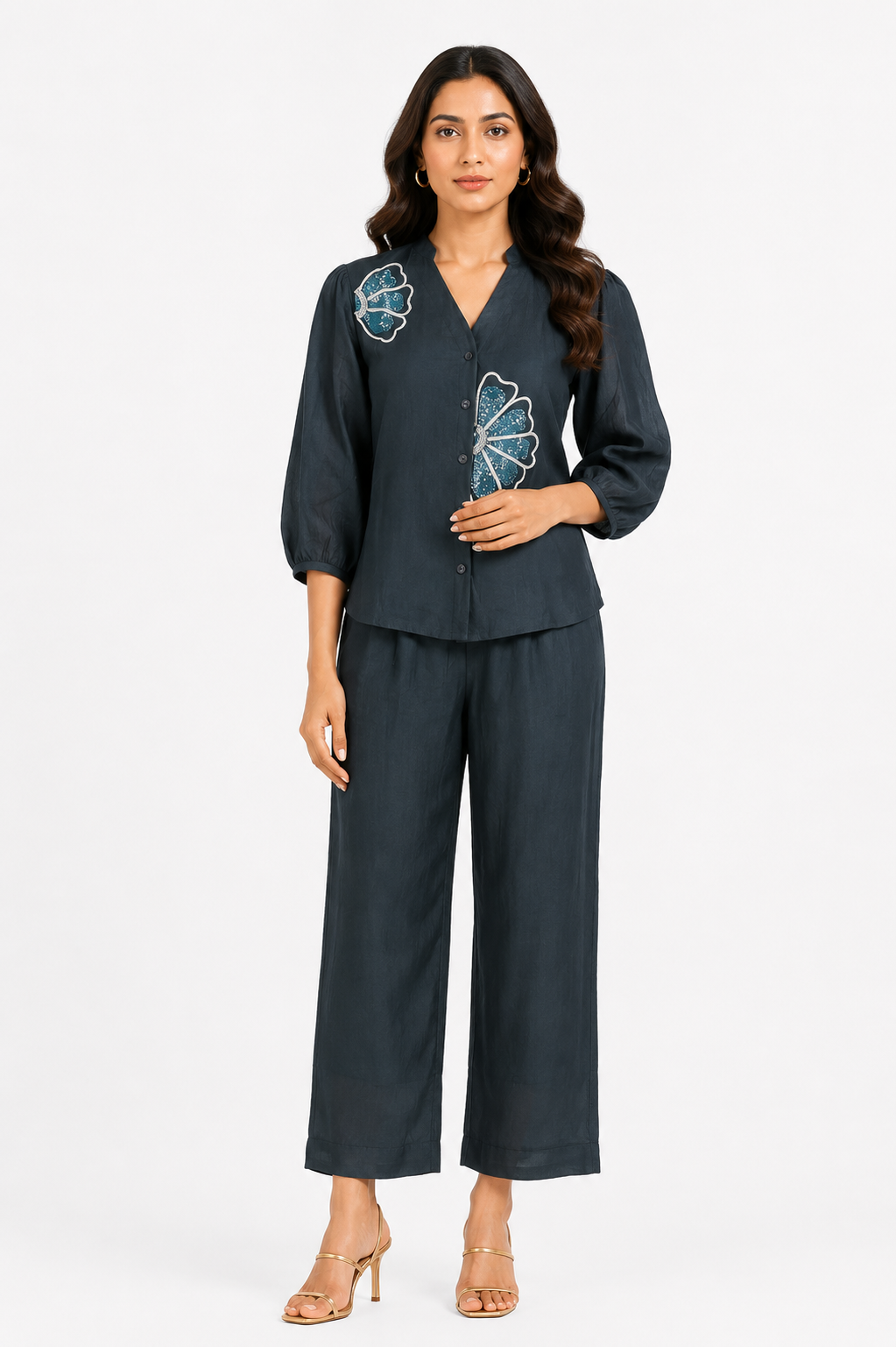 Women's Charcoal Grey Embroidered Co-Ord Set | Solid Top & Wide-Leg Pants | Regular Fit | Casual & Office Wear NG37-441-BGN-PR