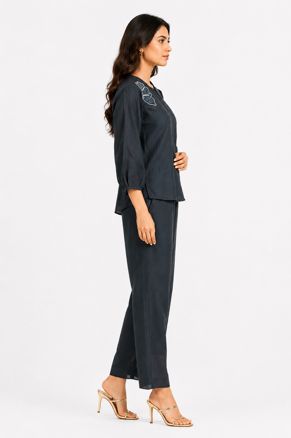 Women's Charcoal Grey Embroidered Co-Ord Set | Solid Top & Wide-Leg Pants | Regular Fit | Casual & Office Wear NG37-441-BGN-PR - Image 2