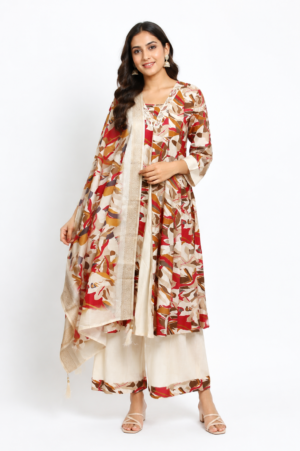 Women's Ivory Floral Printed Kurta Palazzo Set with Dupatta | V-Neck | 3-Piece Ethnic Suit | Festive, Party & Wedding Wear SL10-445-MLT-PR
