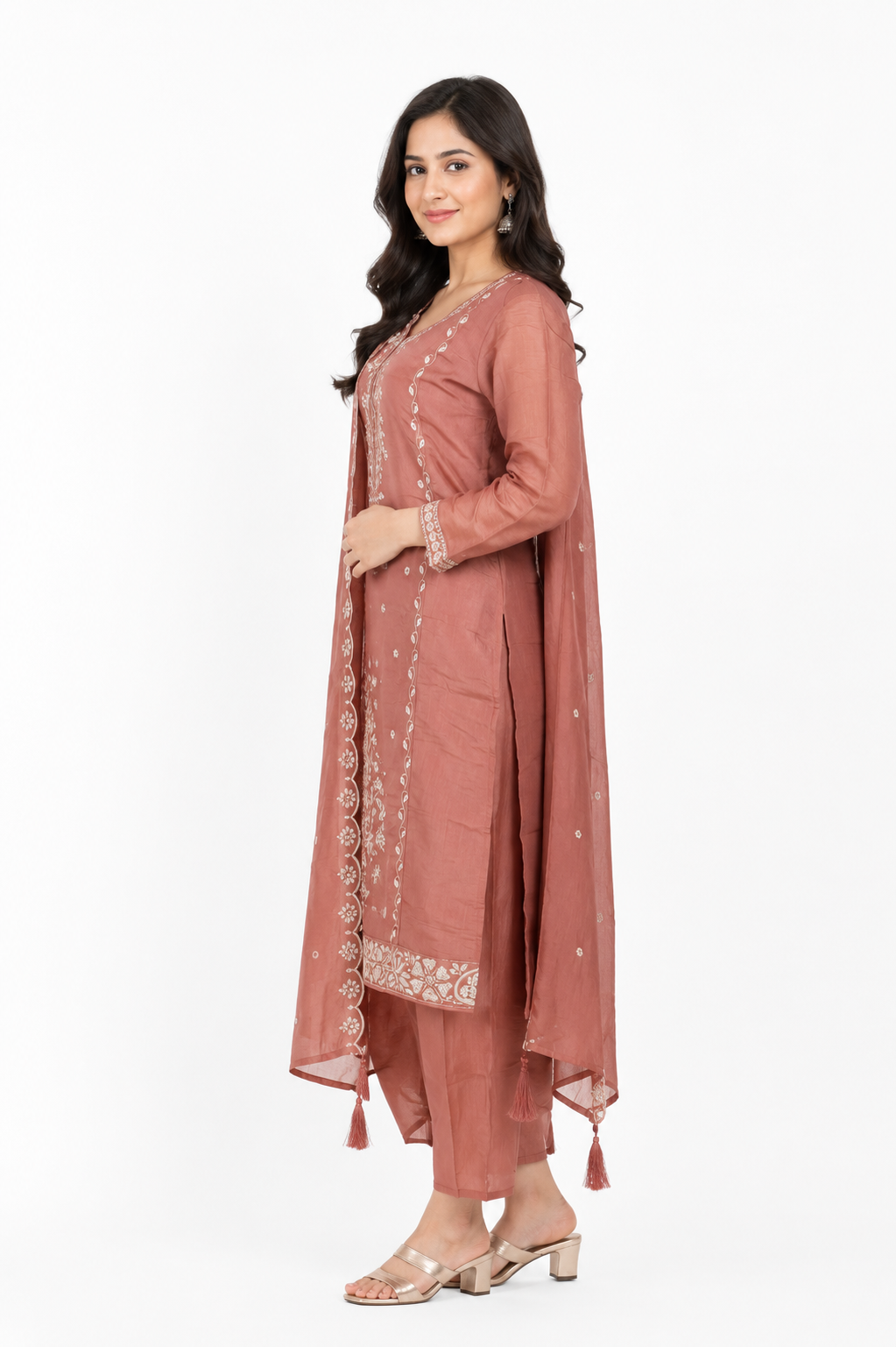 Women's Dusty Rose Embroidered Kurta Pant Set with Dupatta | Round Neck | 3-Piece Ethnic Suit | Festive, Party & Wedding Wear SL12-445-ONN-PR - Image 2