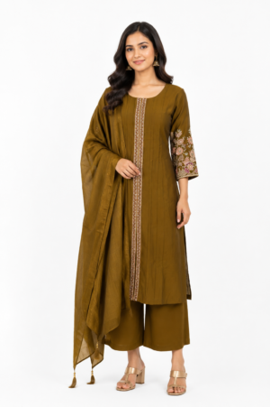 Women's Olive Green Embroidered Kurta Pant Set with Dupatta | Round Neck | 3-Piece Ethnic Suit | Festive, Party & Wedding Wear SL13-445-DMND-PR