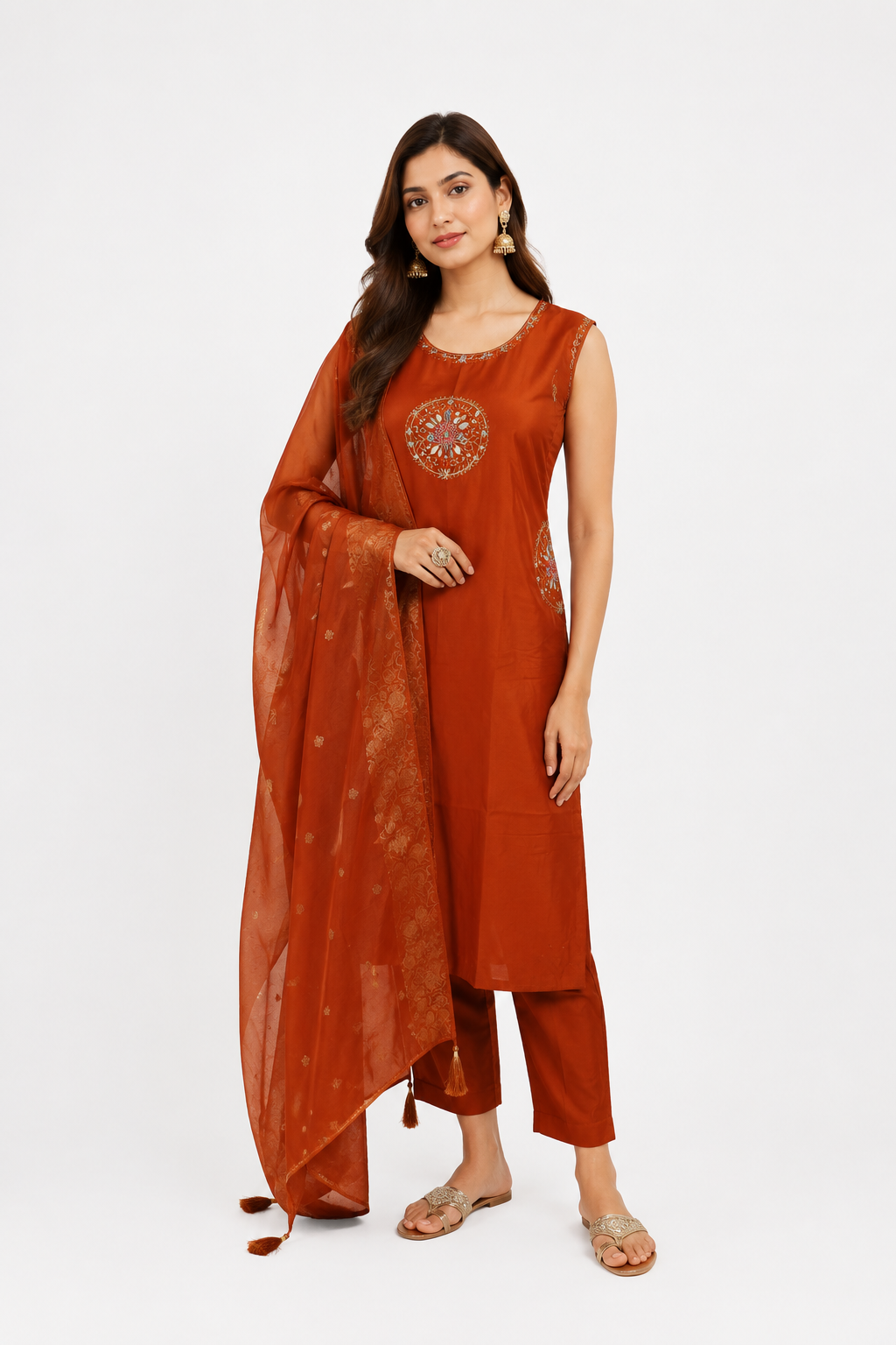 Women's Rust Orange Embroidered Kurta Pant Set with Dupatta | Round Neck | 3-Piece Ethnic Suit | Festive, Party & Wedding Wear SL14-445-RST-PR