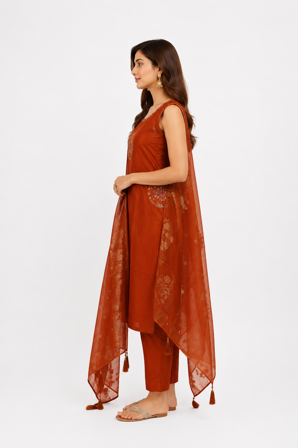 Women's Rust Orange Embroidered Kurta Pant Set with Dupatta | Round Neck | 3-Piece Ethnic Suit | Festive, Party & Wedding Wear SL14-445-RST-PR - Image 2