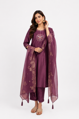 Women's Plum Embroidered Kurta Pant Set with Embroidered Dupatta | Round Neck | 3-Piece Ethnic Suit | Festive, Party & Wedding Wear SL14-445-PPL-PR