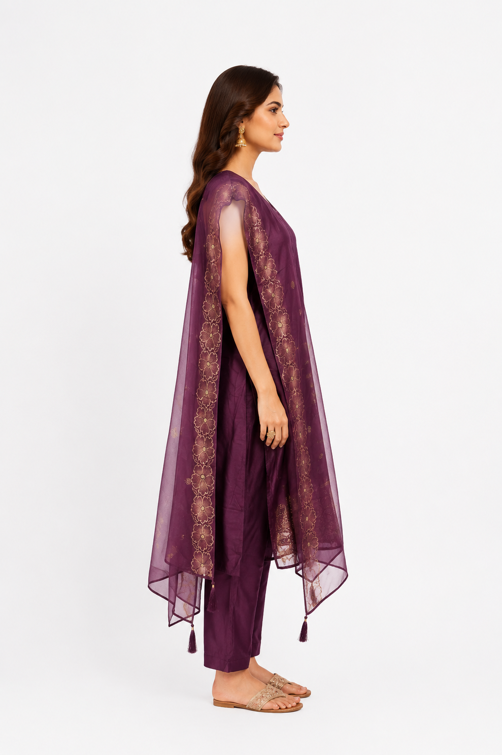 Women's Plum Embroidered Kurta Pant Set with Embroidered Dupatta | Round Neck | 3-Piece Ethnic Suit | Festive, Party & Wedding Wear SL14-445-PPL-PR - Image 2