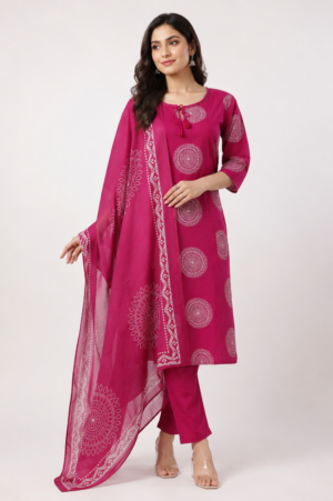 Women's Rani Pink Printed Straight Kurta Pant Set with Dupatta | 3-Piece Ethnic Wear | Regular Fit | Festive & Casual Wear 42-24-RANI-PR