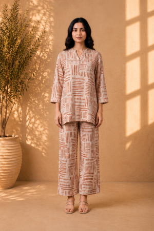 Women's Peach Geometric Printed Co-Ord Set | Regular Fit Top & Wide-Leg Palazzo Pants | Casual, Office & Summer Wear 9702-268-ORG-LI