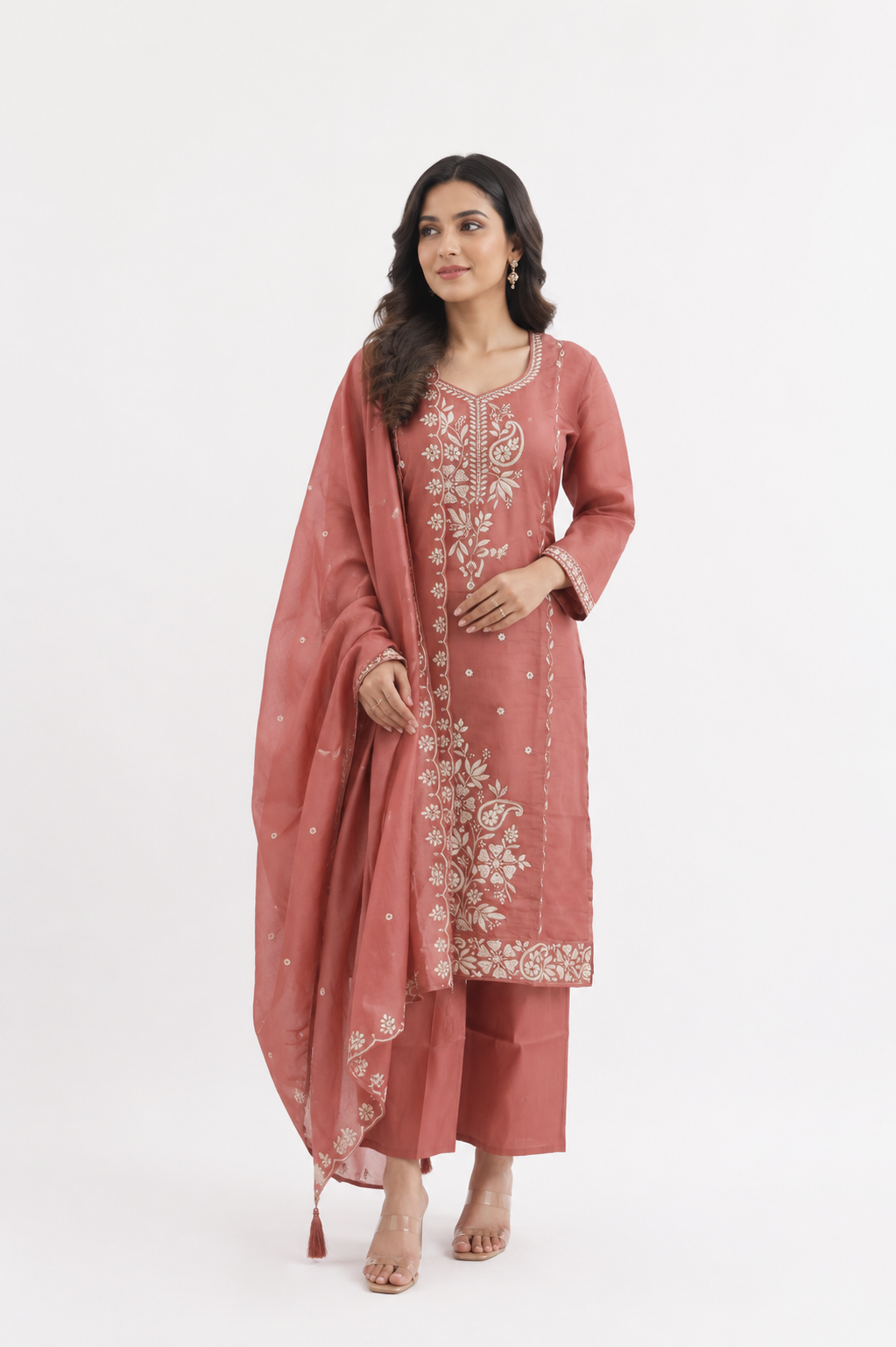 Women's Dusty Rose Embroidered Kurta Pant Set with Dupatta | Round Neck | 3-Piece Ethnic Suit | Festive, Party & Wedding Wear SL12-445-ONN-PR