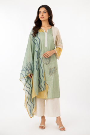 Women's Sage Green Printed Straight Kurta Pant with Dupatta Set | Elegant Ethnic Wear | Regular Fit 62018-442-L GRN-PR