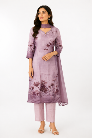Women's Lavender Floral Printed Straight Kurta Pant with Dupatta Set | Elegant Ethnic Wear | Regular Fit 63047-442-LVN-PR
