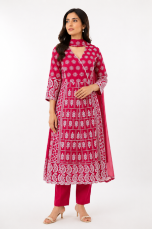 Women's Pink Printed Straight Kurta Pant with Dupatta Set | Elegant Ethnic Wear | Regular Fit 33899-337-RANI-PR