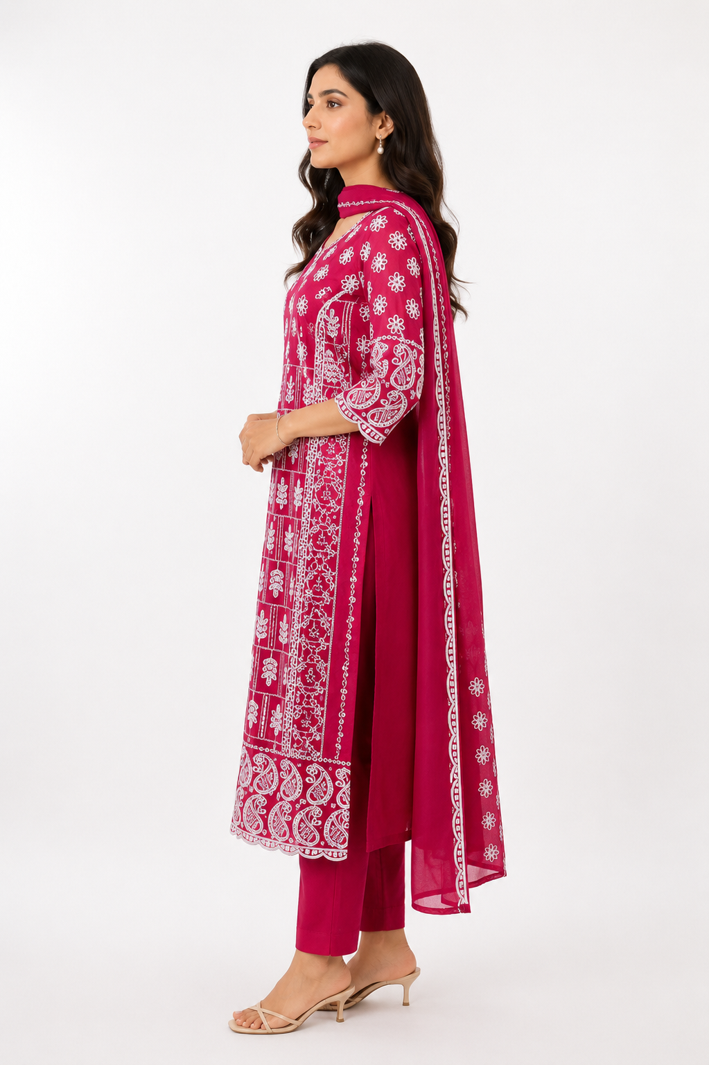 Women's Pink Printed Straight Kurta Pant with Dupatta Set | Elegant Ethnic Wear | Regular Fit 33899-337-RANI-PR - Image 2