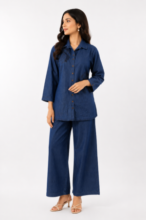 Women's Navy Blue Cotton Co-Ord Set | Button-Down Shirt & Wide-Leg Palazzo Pants | Regular Fit | Casual, Office & Travel Wear 895-420-DNM BWN-BT