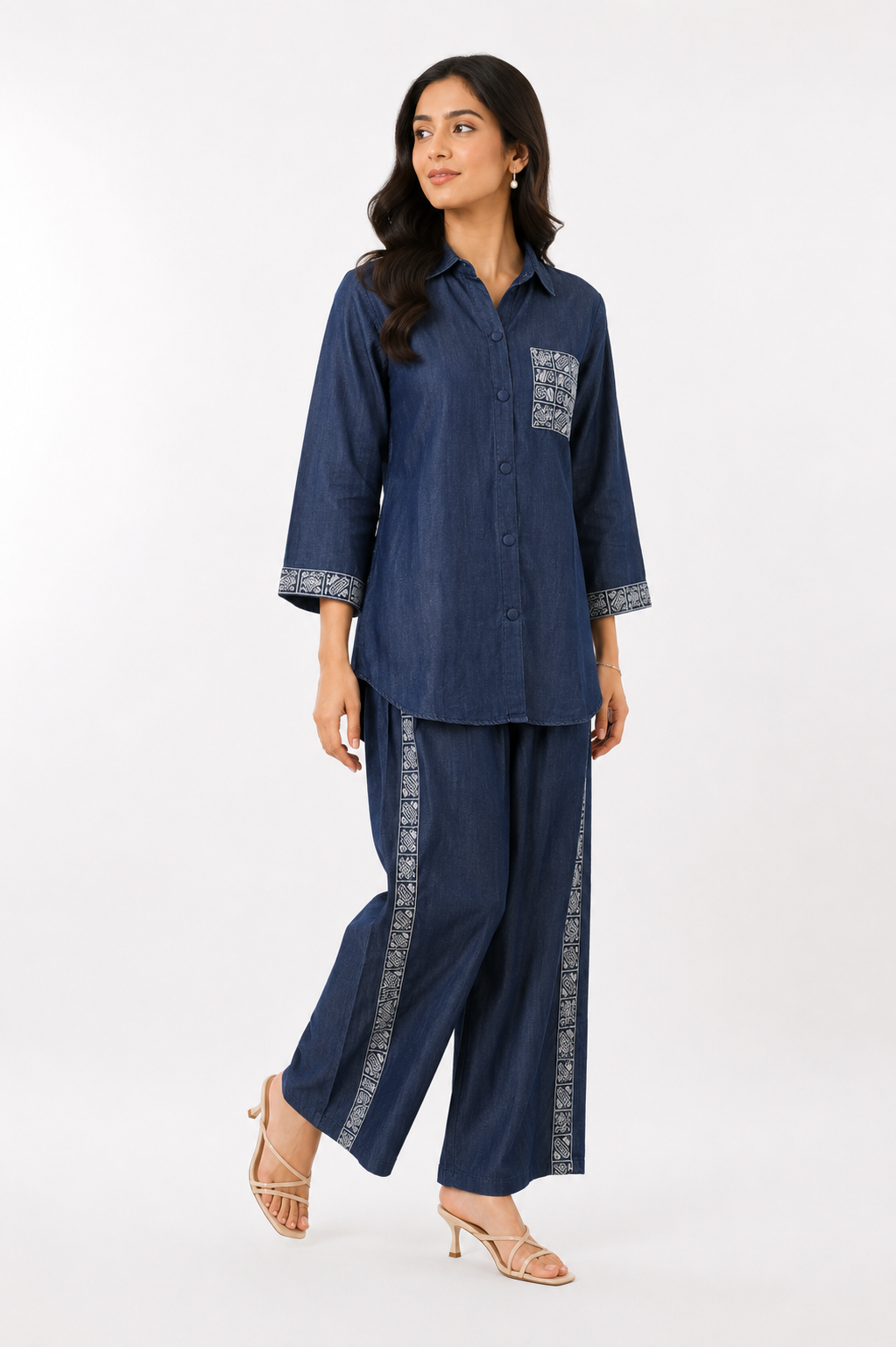 Women's Indigo Blue Denim Co-Ord Set | Embroidered Shirt & Wide-Leg Palazzo Pants | Regular Fit | Casual & Office Wear 1150-429 DNM WHT-BR