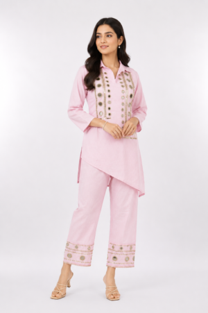 Women's Baby Pink Embroidered Kurta & Straight Pants Set | Regular Fit | 3/4 Sleeves | Ethnic, Office & Festive Wear CV03-419-PNK-EM
