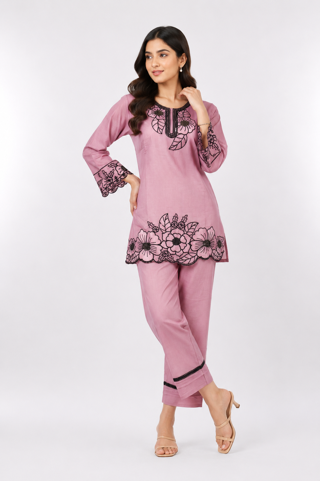Women's Dusty Pink Embroidered Kurta & Straight Pants Set | Regular Fit | Full Sleeves | Ethnic, Office & Festive Wear CV04-419-ONN-EM