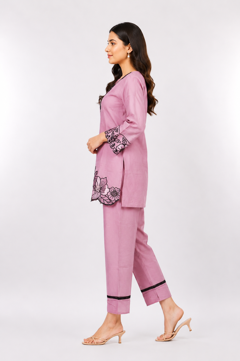 Women's Dusty Pink Embroidered Kurta & Straight Pants Set | Regular Fit | Full Sleeves | Ethnic, Office & Festive Wear CV04-419-ONN-EM - Image 2