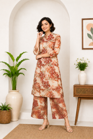 Women's Beige Floral Printed Kurta & Palazzo Set | Straight Fit | 3/4 Sleeves | Ethnic Casual & Festive Wear NP009-349-ORG-FL