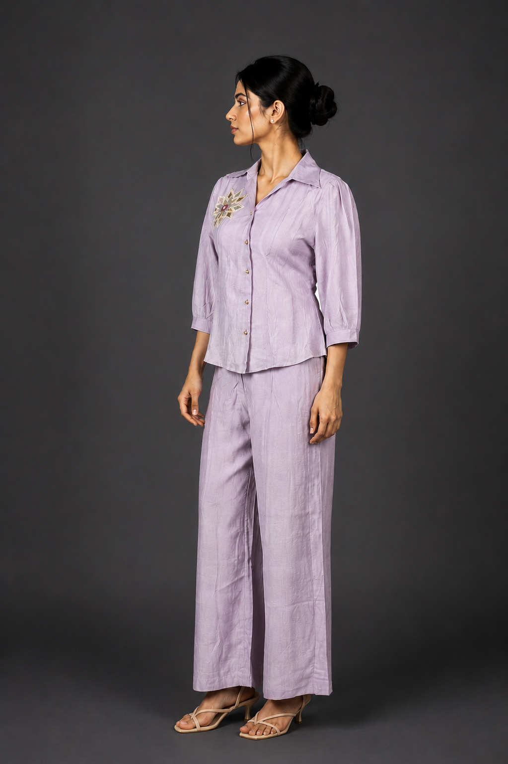 Women's Lavender Embroidered Co-Ord Set | Cotton Shirt with Wide Leg Pants | Casual, Office & Smart Casual Wear LD56-427-LAV-PL - Image 2
