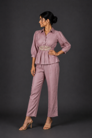 Women's Dusty Mauve Belted Peplum Co-Ord Set with Straight Pants | Elegant Two-Piece Outfit LD50-427-PNK-PL