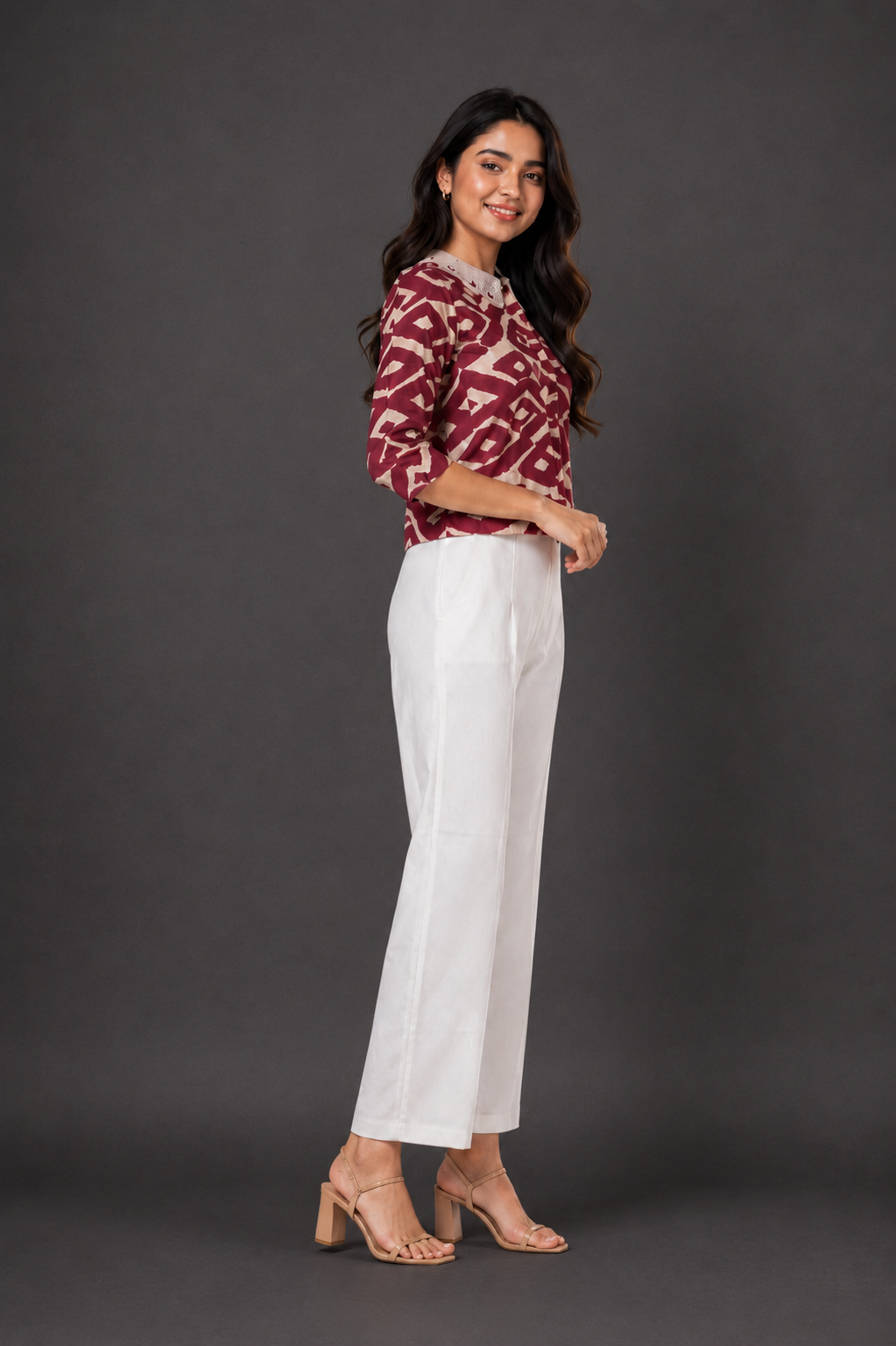 Women's Maroon Geometric Printed Top & White Wide-Leg Palazzo Pants Set | Regular Fit | 3/4 Sleeves | Casual & Office Wear 11106-268-PNK WHT-PR - Image 2