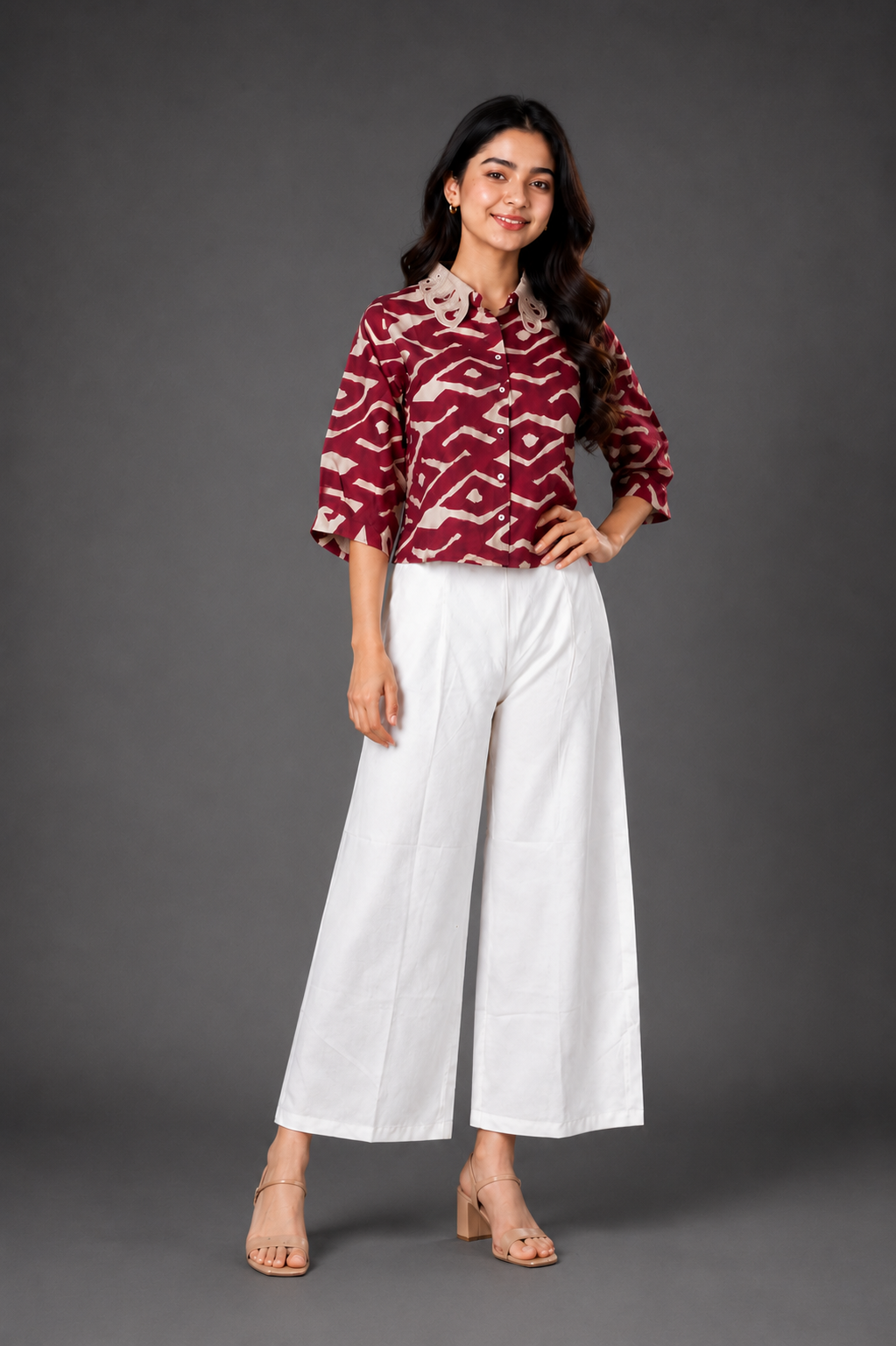 Women's Maroon Geometric Printed Top & White Wide-Leg Palazzo Pants Set | Regular Fit | 3/4 Sleeves | Casual & Office Wear 11106-268-PNK WHT-PR