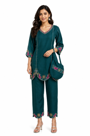 Women's Teal Embroidered Kurta & Straight Pants Set with Matching Potli Bag | Regular Fit | 3/4 Sleeves | Ethnic, Festive & Party Wear CV05-419-BTL GRN-EM