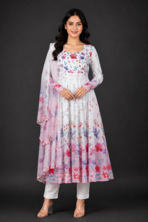 Women's White Floral Printed Anarkali Kurta Pant Set with Dupatta | 3-Piece Ethnic Wear | Regular Fit | Festive, Party & Casual Wear MD10-346-WHT-PR