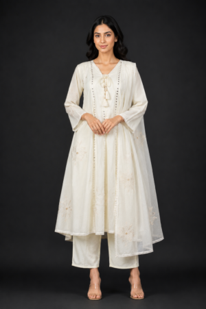 Women's White Embroidered Anarkali Kurta Pant Set with Organza Dupatta | Elegant Ethnic Wear for Festive, Party & Casual Occasions V13-417-OF WHT-EM
