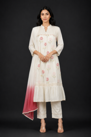 Women's Off White Floral Printed Kurta Pant Set with Pink Ombre Dupatta | Elegant Cotton Ethnic Wear for Festive, Office & Casual Occasions V15-417-OF WHT-FL