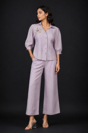 Women's Lavender Embroidered Co-Ord Set | Cotton Shirt with Wide Leg Pants | Casual, Office & Smart Casual Wear LD56-427-LAV-PL