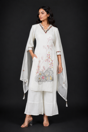 Women's Off White Embroidered Straight Kurta Palazzo with Dupatta Set | Floral Embroidery | Elegant Ethnic Wear | Regular Fit 57013-442-OF WHT-PR