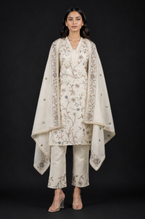 Women's Off White Floral Embroidered Straight Kurta Pant with Dupatta Set | Elegant Ethnic Wear | Regular Fit 72027-442-CRM-PR