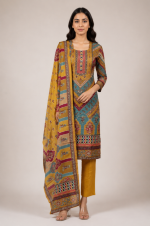 Women's Mustard Printed Straight Kurta Pant with Dupatta Set | Elegant Ethnic Wear | Regular Fit 76023-442-YLW-PR
