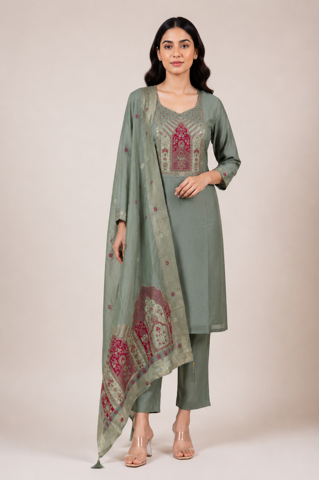 Women's Sage Green Embroidered Kurta Pant Set with Printed Dupatta | Round Neck | 3-Piece Ethnic Suit | Festive, Party & Wedding Wear SL15-445-GRN-PR