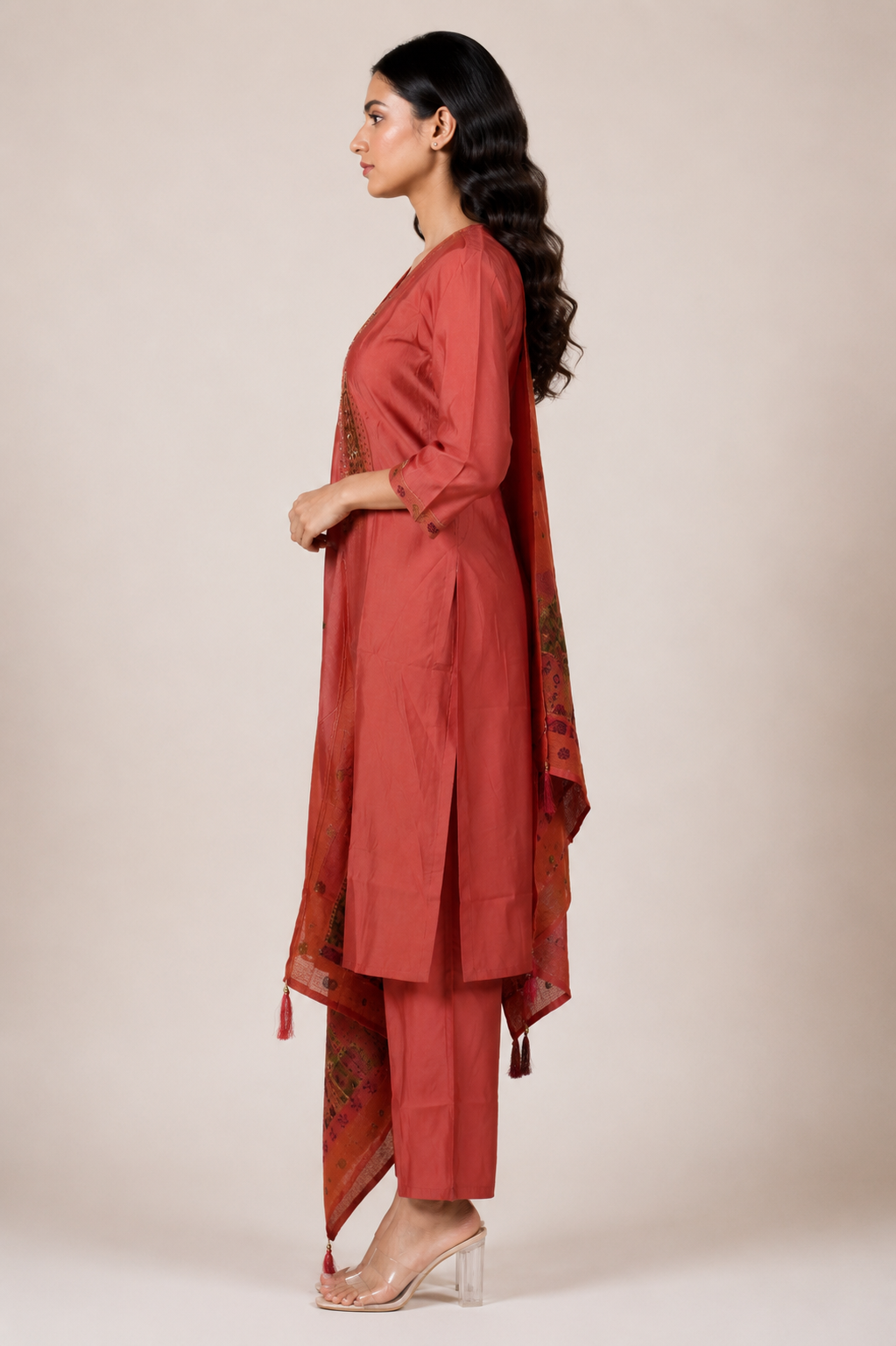 Women's Coral Pink Embroidered Kurta Pant Set with Printed Dupatta | Round Neck | 3-Piece Ethnic Suit | Festive, Party & Wedding Wear SL15-445-ORG-PR - Image 2