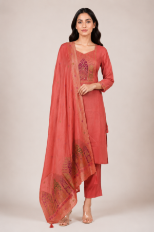 Women's Coral Pink Embroidered Kurta Pant Set with Printed Dupatta | Round Neck | 3-Piece Ethnic Suit | Festive, Party & Wedding Wear SL15-445-ORG-PR